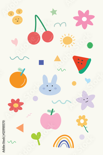 Colorful happy smiling face label shape set. Collection of trendy retro sticker cartoon shapes. Vector colorful elements.