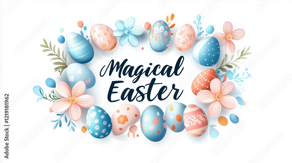 Easter eggs are artistically illustrated, transforming into vibrant spring flowers. The whimsical handwritten text Magical Easter adds charm, framed by a dreamlike color palette Easter eggs are artistically illustrated, transforming into vibrant spring flowers. The whimsical handwritten text Magical Easter adds charm, framed by a dreamlike color palette