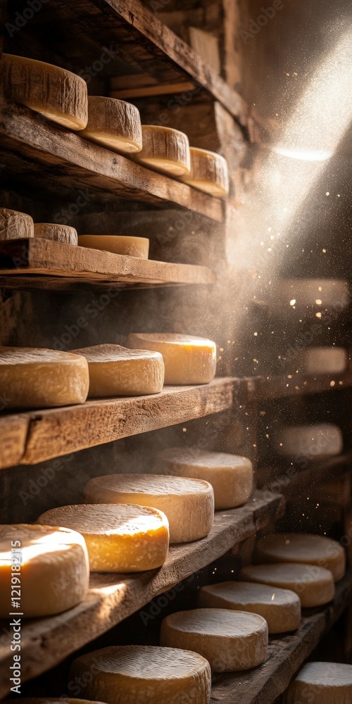 Fototapeta premium Cheese aging process in rustic cellar with soft lighting