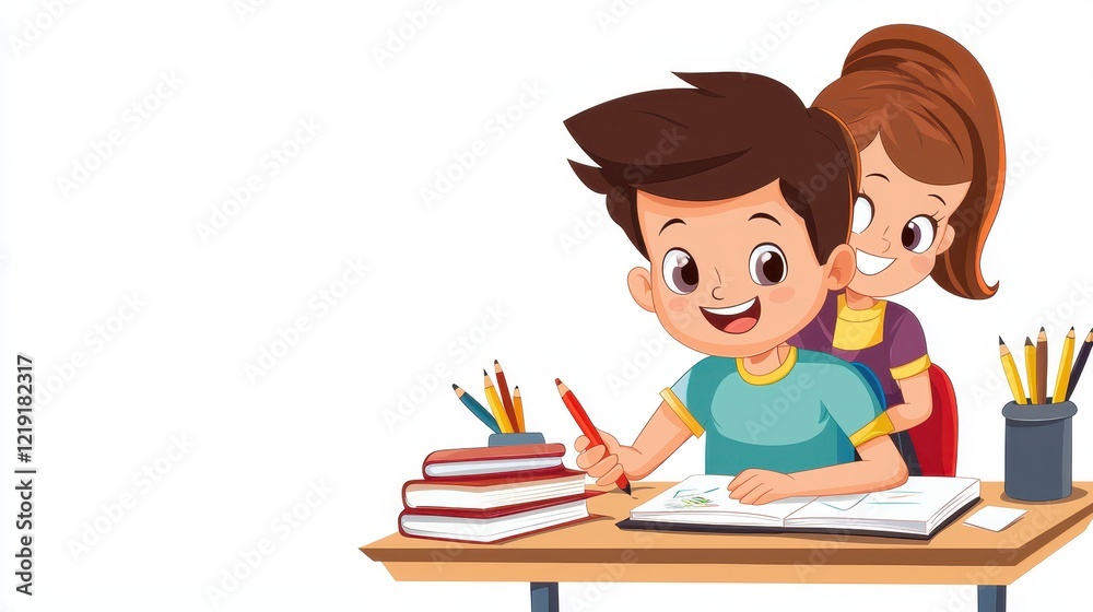 A teacher helping a student with their homework at a desk in a classroom on a white isolated background A teacher helping a student with their homework at a desk in a classroom on a white isolated background