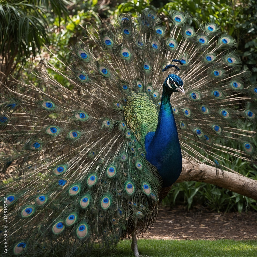 Naklejka premium A peacock fanning its iridescent tail in a serene garden filled with exotic plants.