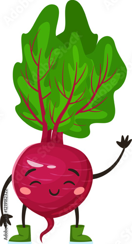 Cartoon beet with green boots and leaves waving with a smile on its face, representing healthy eating and promoting a cheerful and positive attitude towards vegetables