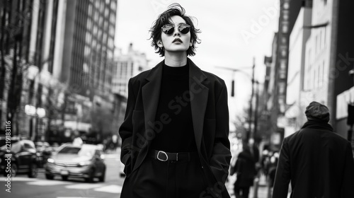 Embracing Duality: Confident Woman Blending Masculine and Feminine Styles on Urban Streets