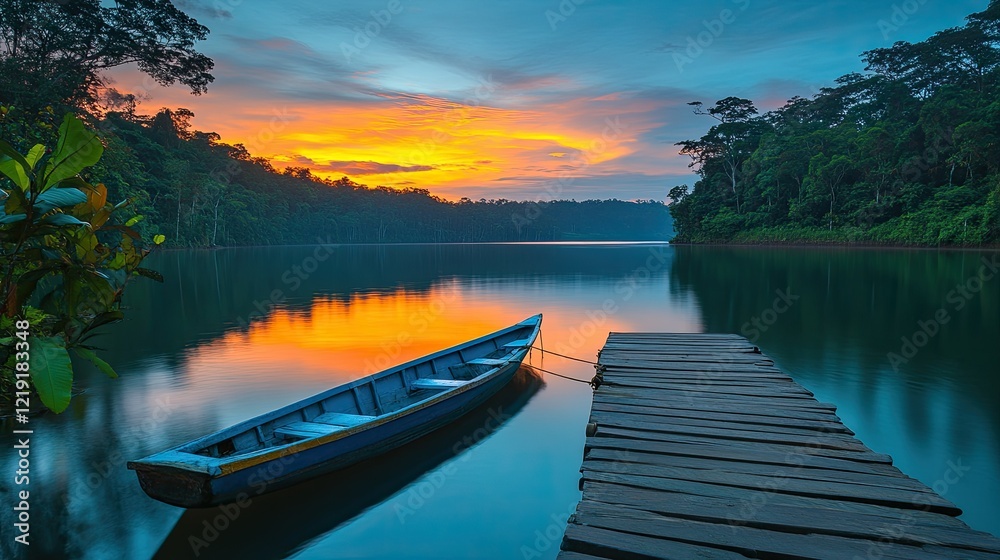 Obraz premium Serene Sunset Over Tropical Lake With Boat