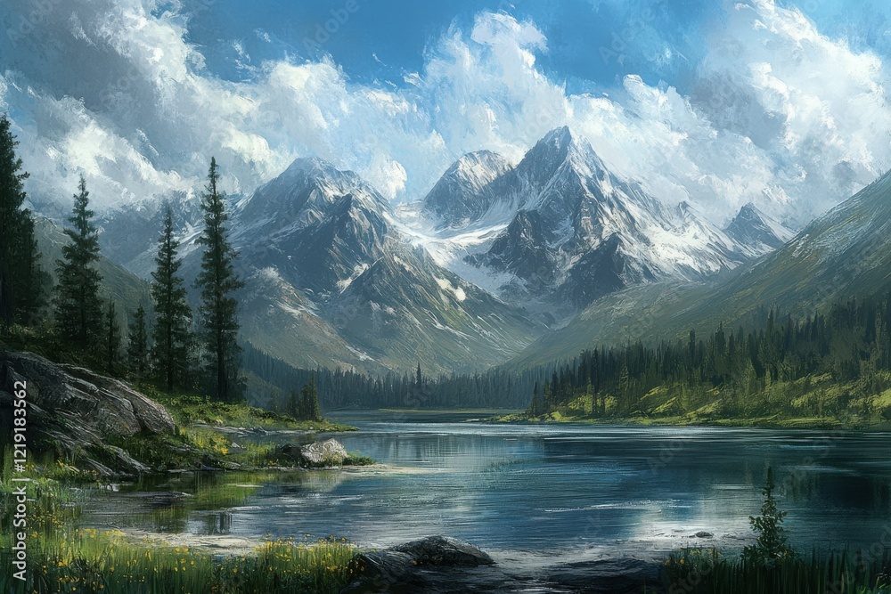 Majestic mountains and serene lake under a blue sky Majestic mountains and serene lake under a blue sky