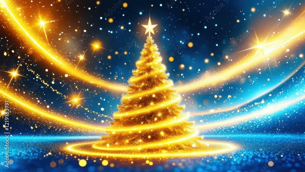 Christmas tree, golden light swirls, magical, sparkling, starry night sky, blue background, glowing, festive, abstract, energy trails, vibrant, luminous, whimsical, celestial, dreamlike, fantasy, holi Christmas tree, golden light swirls, magical, sparkling, starry night sky, blue background, glowing, festive, abstract, energy trails, vibrant, luminous, whimsical, celestial, dreamlike, fantasy, holi