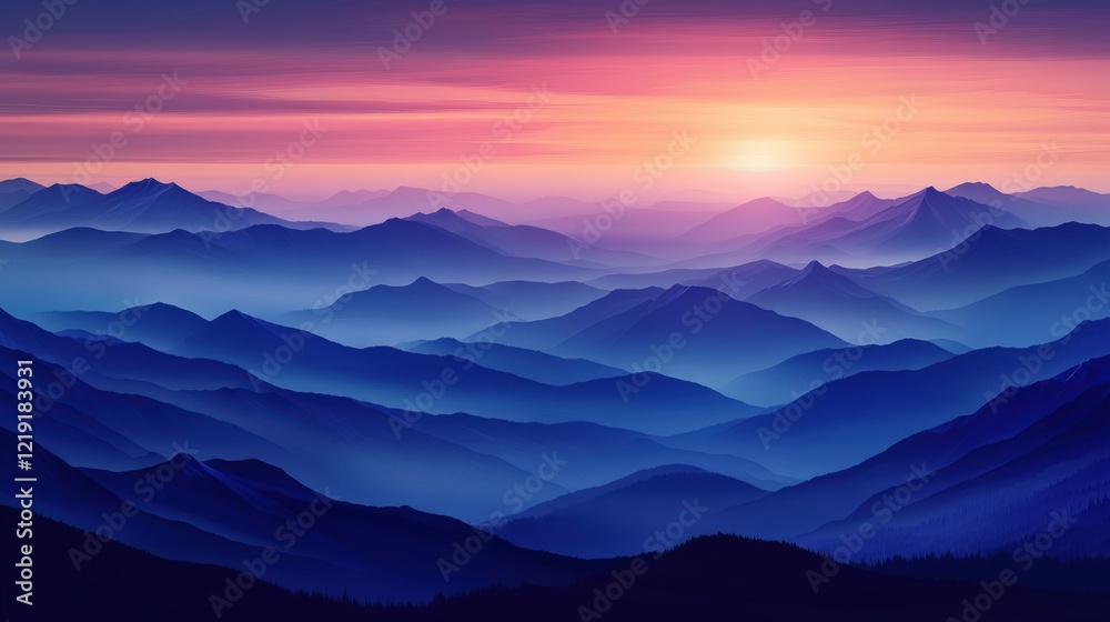 Fototapeta premium Mountain sunrise illuminates purple and blue landscape