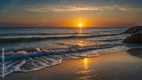 A peaceful sunset over the ocean. Gentle waves wash onto the sandy shore, with a vibrant sun reflecting on the water. photo