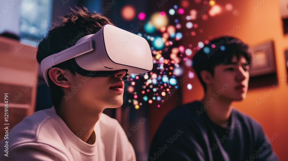 Engaging VR Experience with Colorful Visuals and Two Young Men Engaging VR Experience with Colorful Visuals and Two Young Men