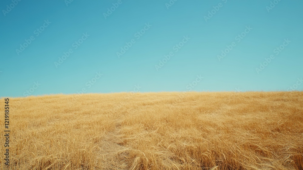 Fototapeta premium Golden wheat field under clear blue sky at midday