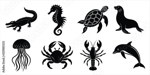 Ocean, Sea animals silhouette set. Aquatic animals life vector illustration design