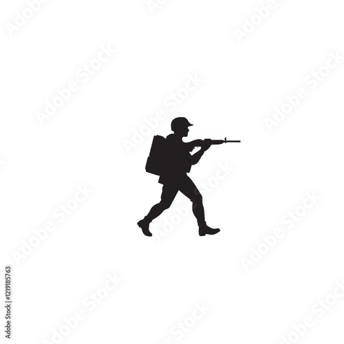 Silhouette of a marching soldier with a rifle on a white background