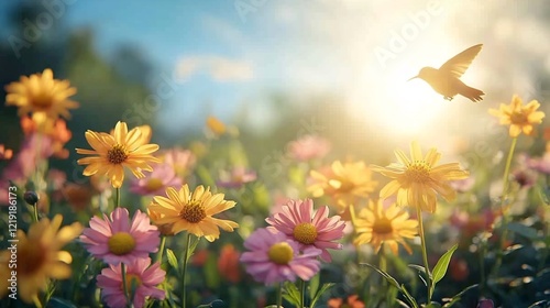 Fototapeta Naklejka Na Ścianę i Meble -  A hummingbird hovering above vibrant summer blooms in a sunny garden