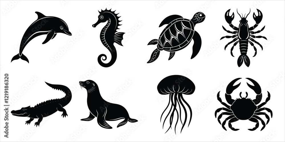 Fototapeta premium Ocean, Sea animals silhouette set. Aquatic animals life vector illustration design
