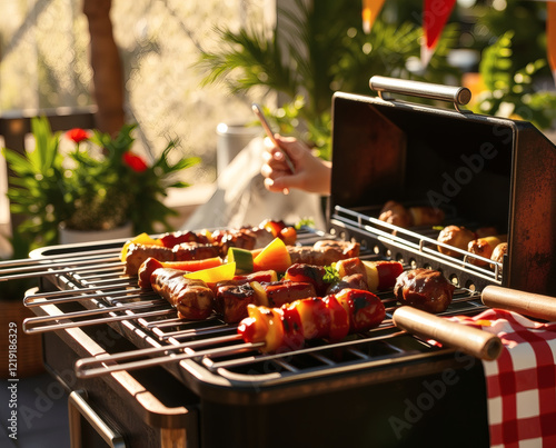 Sizzling skewers and vibrant fruits create a perfect summer barbecue atmosphere at a sunny backyard gathering photo