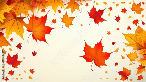 Autumn leaves, maple leaves, red and orange foliage, falling leaves, golden autumn colors, textured background, seasonal border, warm tones, nature-inspired design, scattered leaf pattern, harvest the