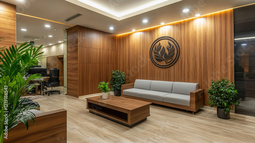 office wooden lobby waiting room for company wall logo mockup