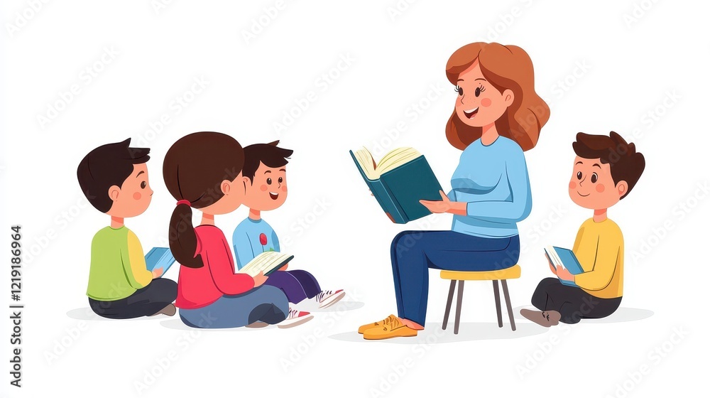 A teacher explaining a lesson to students while holding a book in her hands on a white isolated background A teacher explaining a lesson to students while holding a book in her hands on a white isolated background