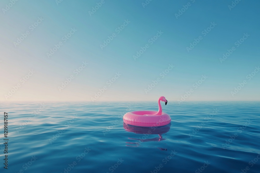 A pink flamingo pool float drifts in the middle of an infinite blue ocean, under a clear sky. The scene is beautiful and cinematic, captured during the day. A pink flamingo pool float drifts in the middle of an infinite blue ocean, under a clear sky. The scene is beautiful and cinematic, captured during the day.