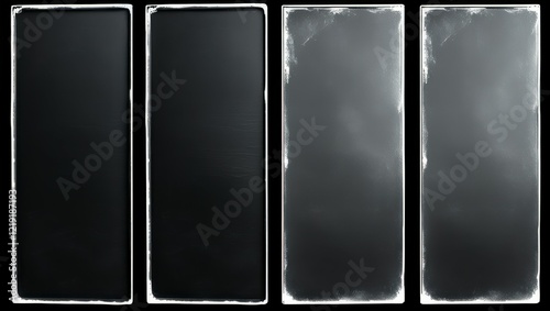 chalkboard panels, vertical rectangles, black and white, erased chalk marks, textured surface, school atmosphere, minimalist composition, gradient tones, abstract design, educational backdrop, sequent