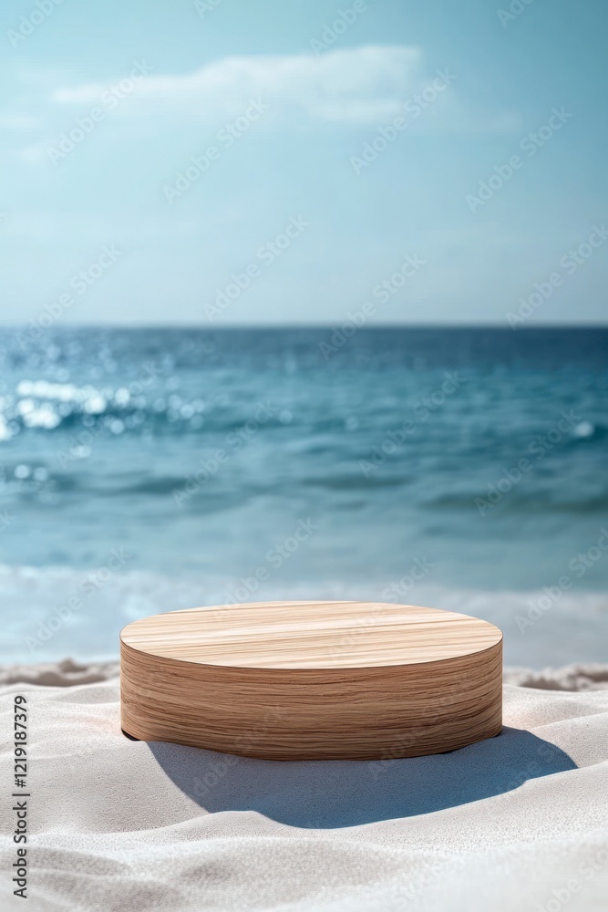 A round wooden podium on the beach with a blue sea and sky background, a close-up shot of a wood product display stand in the sand for summer advertising. A round wooden podium on the beach with a blue sea and sky background, a close-up shot of a wood product display stand in the sand for summer advertising.