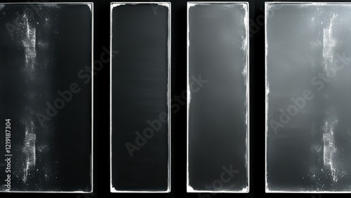 chalkboard panels, vertical rectangles, black and white, erased chalk marks, textured surface, school atmosphere, minimalist composition, gradient tones, abstract design, educational backdrop, sequent