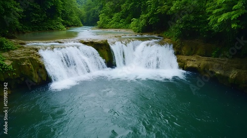 Serene Tropical Waterfall in the Heart of a Lush Green Forest Landscape