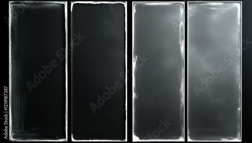 chalkboard panels, vertical rectangles, black and white, erased chalk marks, textured surface, school atmosphere, minimalist composition, gradient tones, abstract design, educational backdrop, sequent