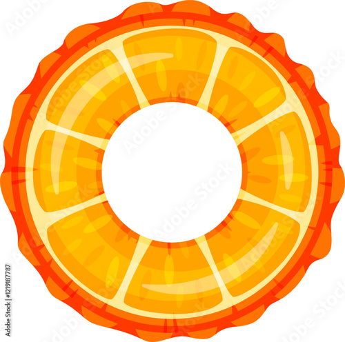 Vivid illustration of an orange shaped inflatable pool float ring. The design features vibrant shades of orange and yellow, resembling a citrus fruit slice with a circular, hollow center