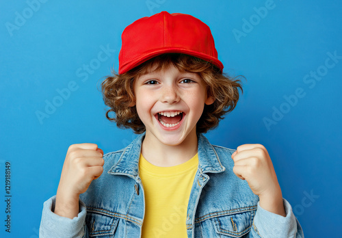 Full-body shot of an excited young boy celebrating on a blue background, wearing a denim jacket with a yellow T-shirt, conveying joyful emotion in a professionally lit studio setup.