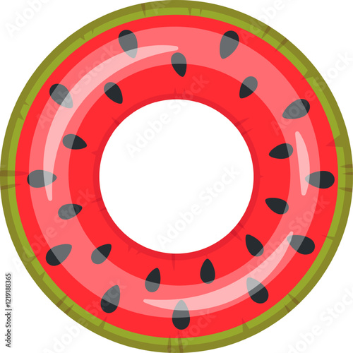 Vibrant illustration of a pool float shaped like a watermelon slice, featuring a red center with black seeds and a green rind. Perfect for summer themed designs and playful concepts