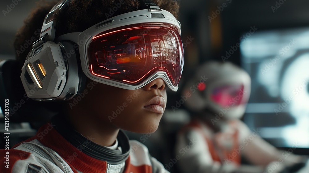 Young space explorer wearing futuristic goggles navigates a virtual galaxy in a high-tech control room. Generative AI Young space explorer wearing futuristic goggles navigates a virtual galaxy in a high-tech control room. Generative AI