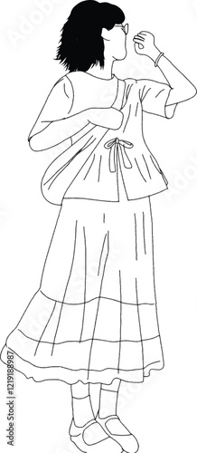 Stylized line drawing of a young woman standing confidently while dressed in casual attire, combining artistic perspective and fashion.