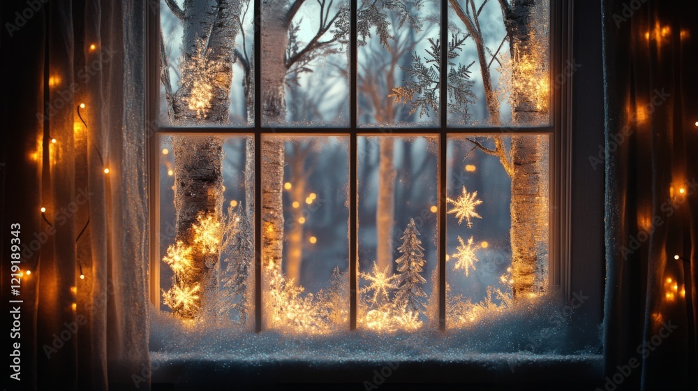 Naklejka premium Winter's Embrace: A Frosted Window Display