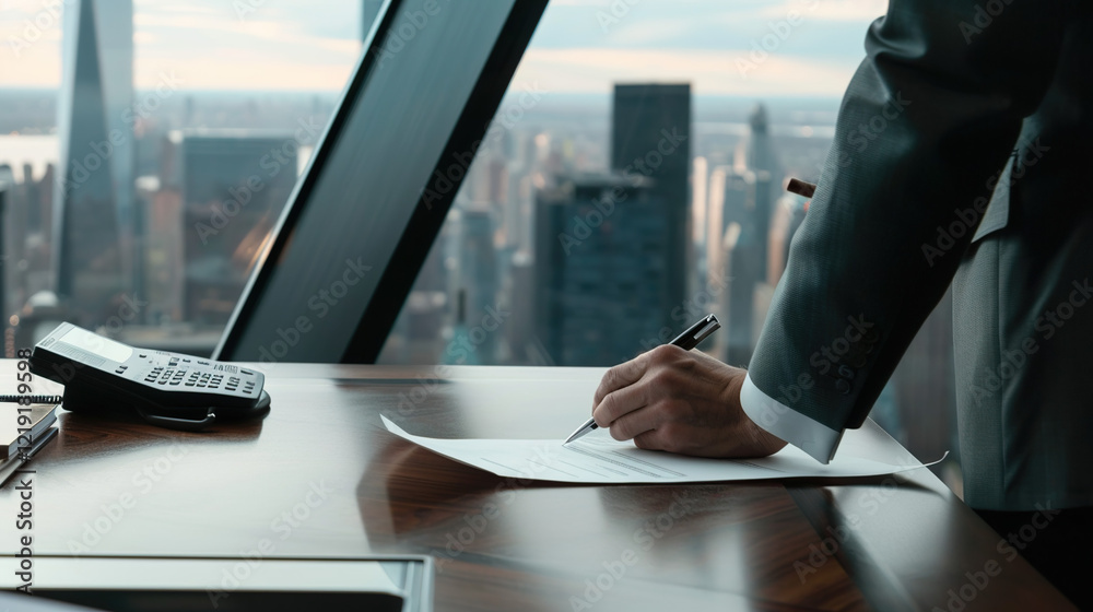 Obraz premium Close-up of a focused executive signing an important document on a sleek wooden desk, with a blurred cityscape through a glass window, symbolizing decisive leadership at 50mm f/1.8.