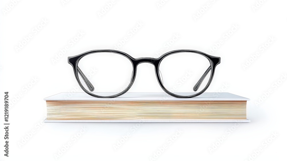 Black eyeglasses resting on a closed book with a white background for education or reading themes Black eyeglasses resting on a closed book with a white background for education or reading themes
