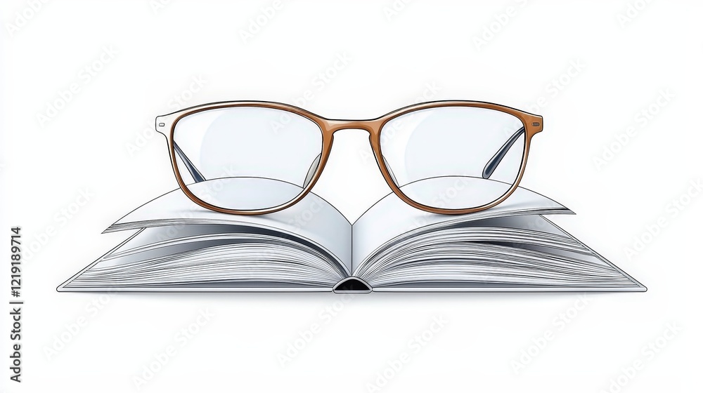 Open Book with Glasses on Top Symbolizing Knowledge and Reading in a Minimalistic Style Open Book with Glasses on Top Symbolizing Knowledge and Reading in a Minimalistic Style