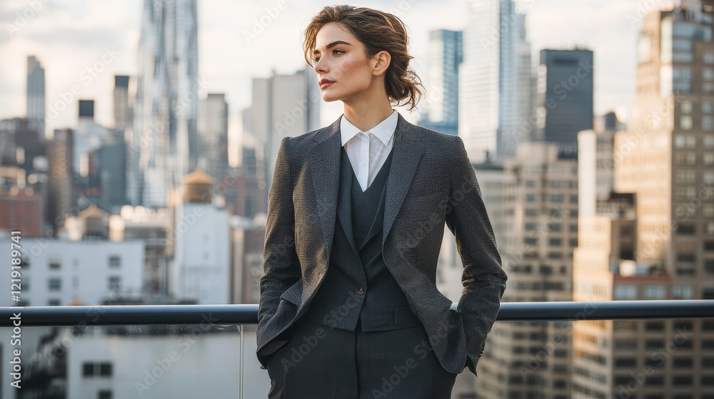 Embracing Masculine Elegance: Confident Woman in Tailored Suit against Urban Cityscape Embracing Masculine Elegance: Confident Woman in Tailored Suit against Urban Cityscape