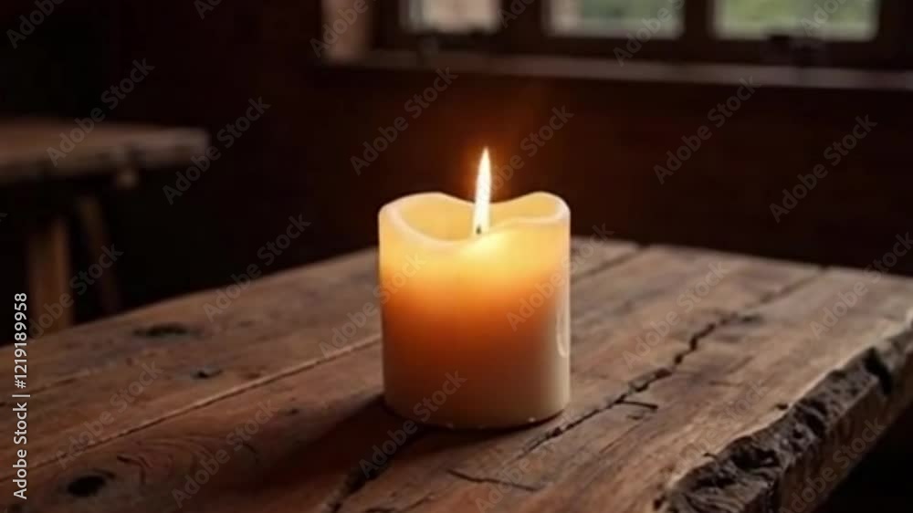Glowing Candle on Rustic Wooden Table in Dimly Lit Room | Ambient Video, candles on a table