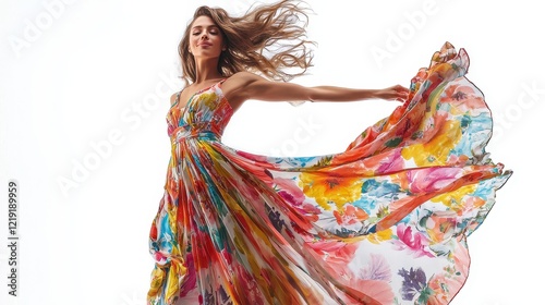 A woman in a colorful floral maxi dress, twirling with a carefree expression and hair flowing on a white isolated background