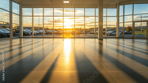 Empty car dealership lot at sunset, showcasing a serene and quiet atmosphere with no vehicles or customers, reflecting the end of a business day and the transition to evening calm.