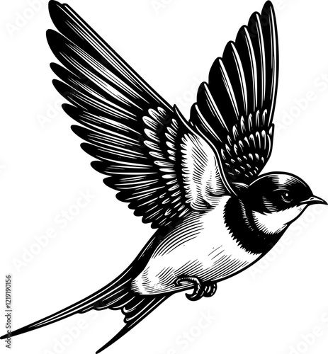 A black and white swallow flying freely with detailed wings, resembling a falcon or eagle, in a sleek silhouette design, swallow vector art.