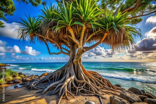 Pandanus odoratissimus: Documentary Photo of Seashore Screwpine's Aerial Roots Supporting its Trunk photo