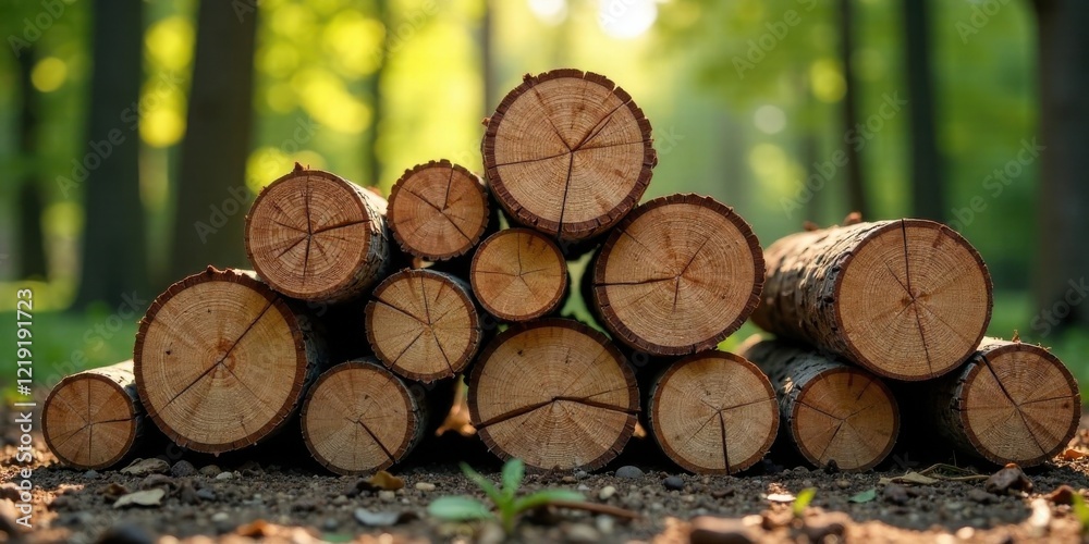 Stack of neatly arranged wood logs in a sunlit forest setting Stack of neatly arranged wood logs in a sunlit forest setting