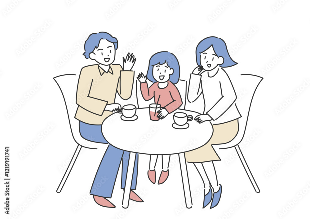 テーブルでおしゃべりをする家族のイラスト テーブルでおしゃべりをする家族のイラスト