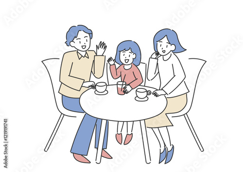 テーブルでおしゃべりをする家族のイラスト