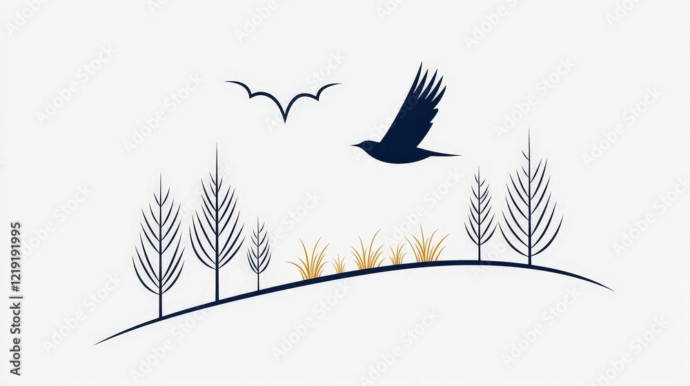 Obraz premium Minimalist Landscape with Flying Bird and Stylized Trees in Blue and Gold Tones