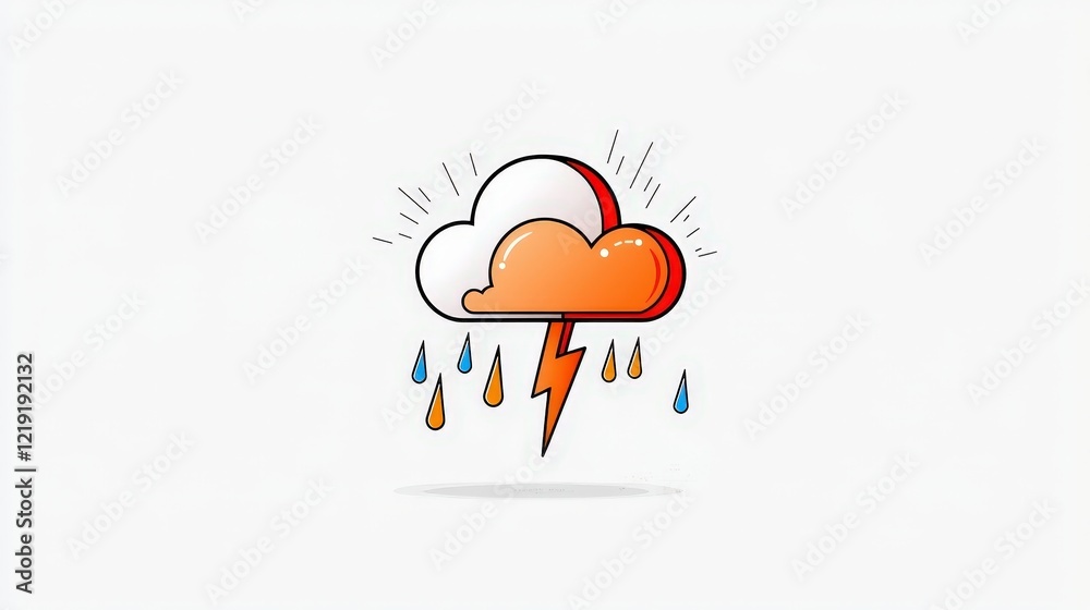 Colorful Cartoon Cloud with Lightning and Rain Showers in Modern Flat Design Style Colorful Cartoon Cloud with Lightning and Rain Showers in Modern Flat Design Style