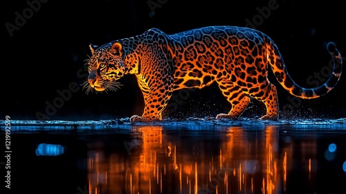 A jaguar prowling along the riverbank with its reflection shimmering in moonlit water