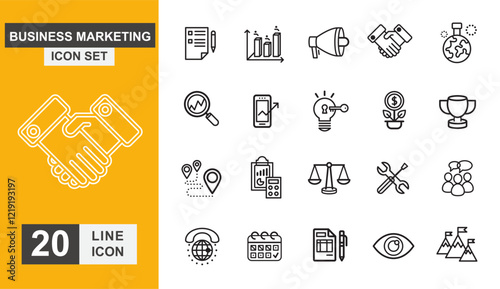 Business marketing icon set. Strategy, success, communication, connection and more line icon